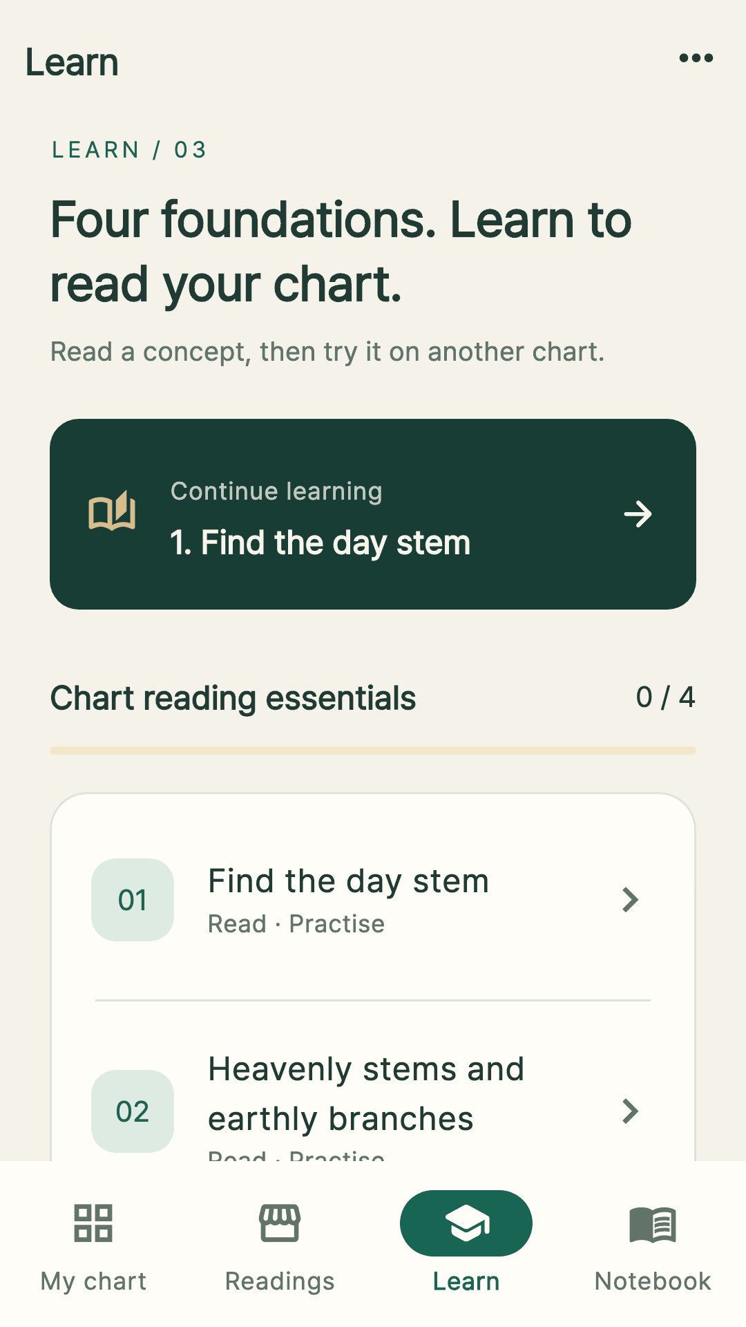Learn app screen