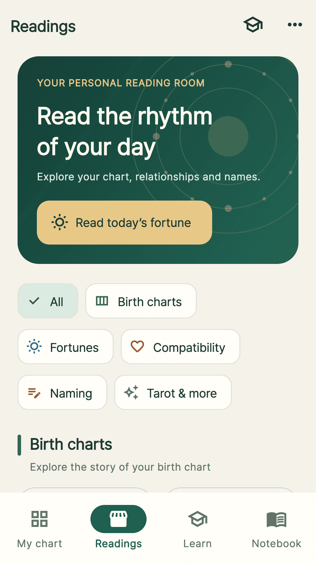 Readings categories including saju, compatibility and naming